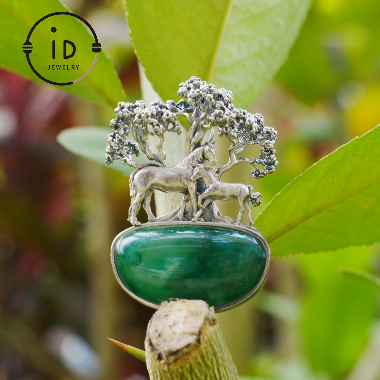 S925 Sterling Silver Pendant with Mare and Foal on African Green Stone, Fairy Talisman Necklace Vintage Gift for Her Birthday