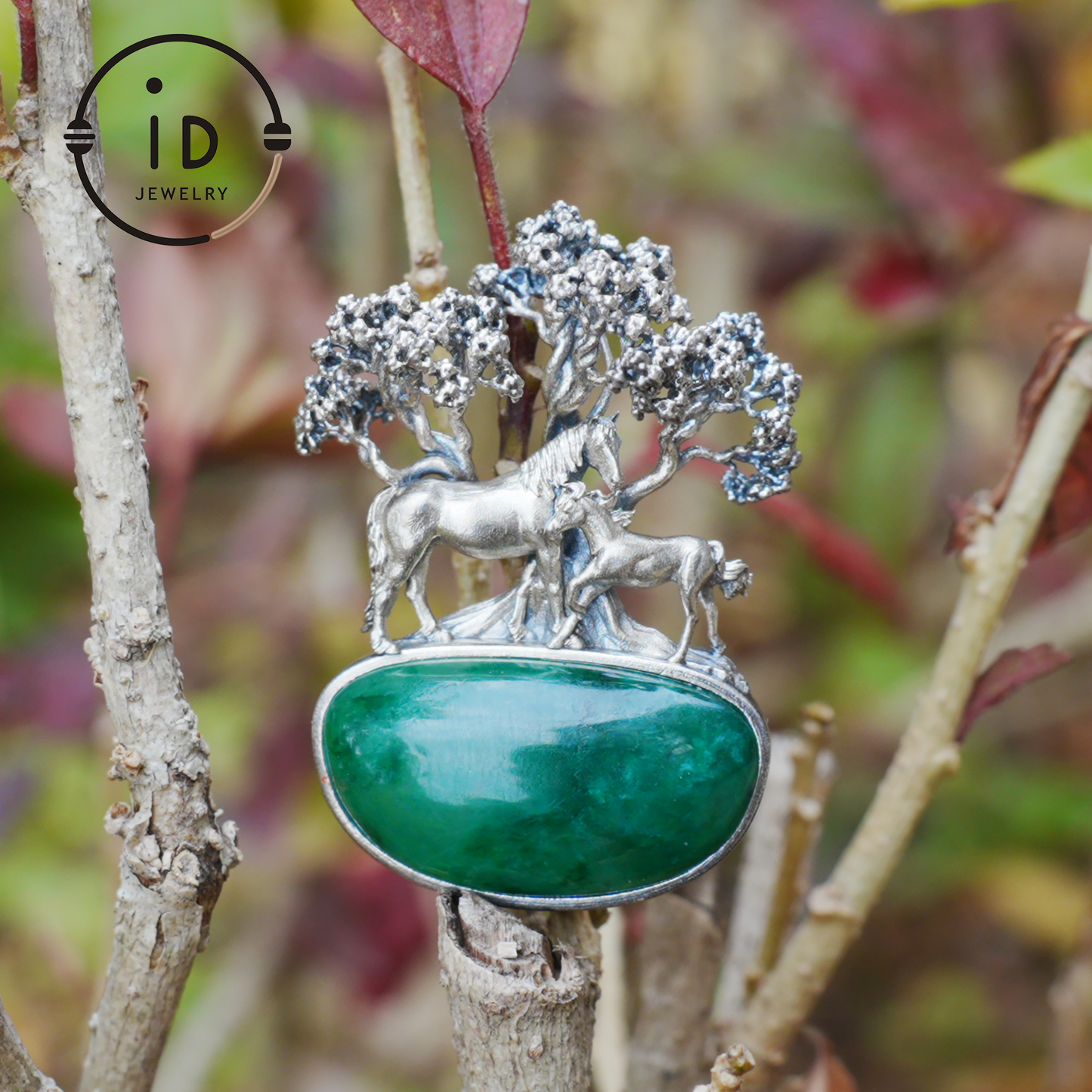 S925 Sterling Silver Pendant with Mare and Foal on African Green Stone, Fairy Talisman Necklace Vintage Gift for Her Birthday