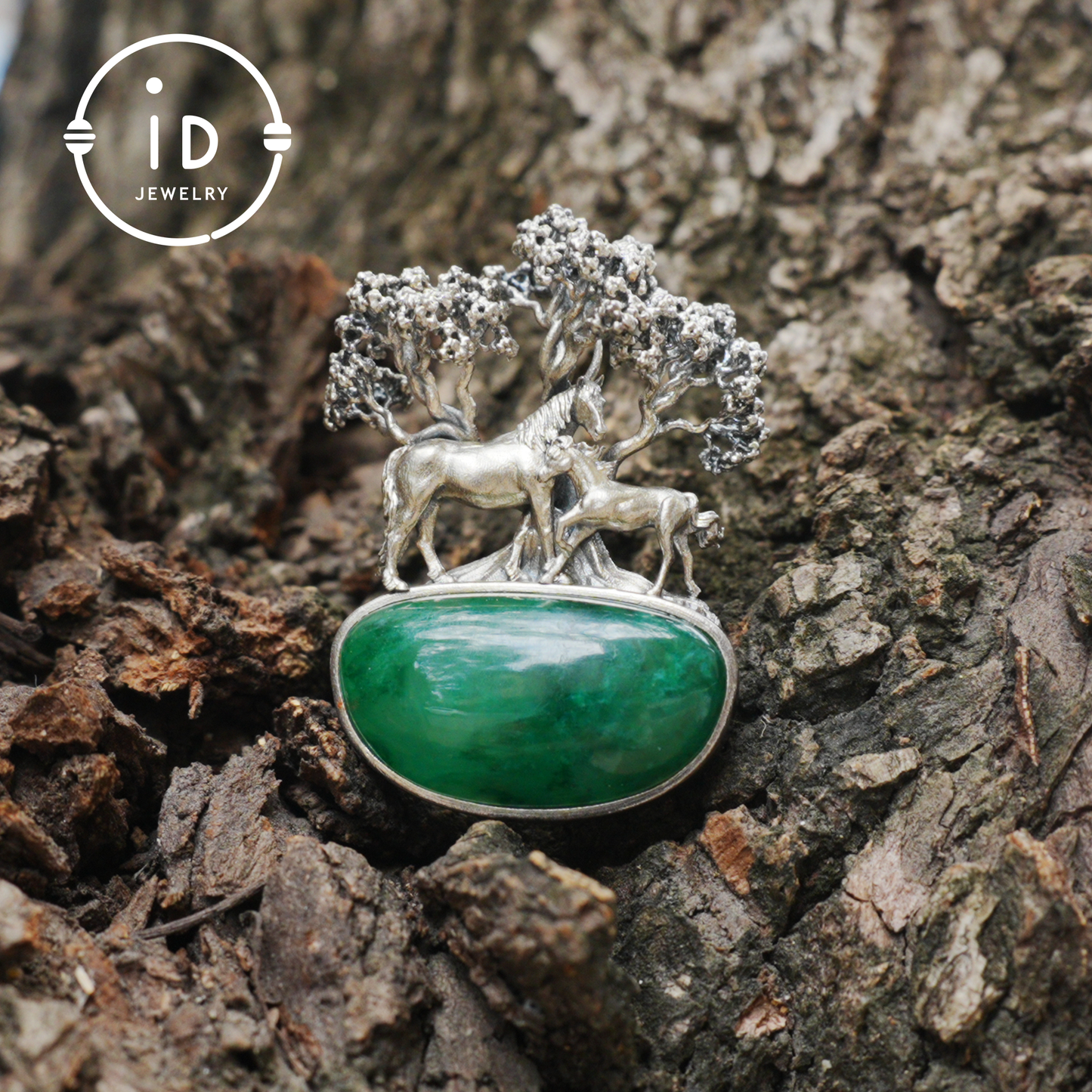 S925 Sterling Silver Pendant with Mare and Foal on African Green Stone, Fairy Talisman Necklace Vintage Gift for Her Birthday