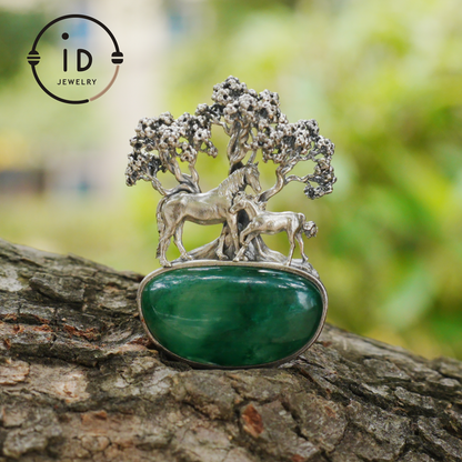 S925 Sterling Silver Pendant with Mare and Foal on African Green Stone, Fairy Talisman Necklace Vintage Gift for Her Birthday