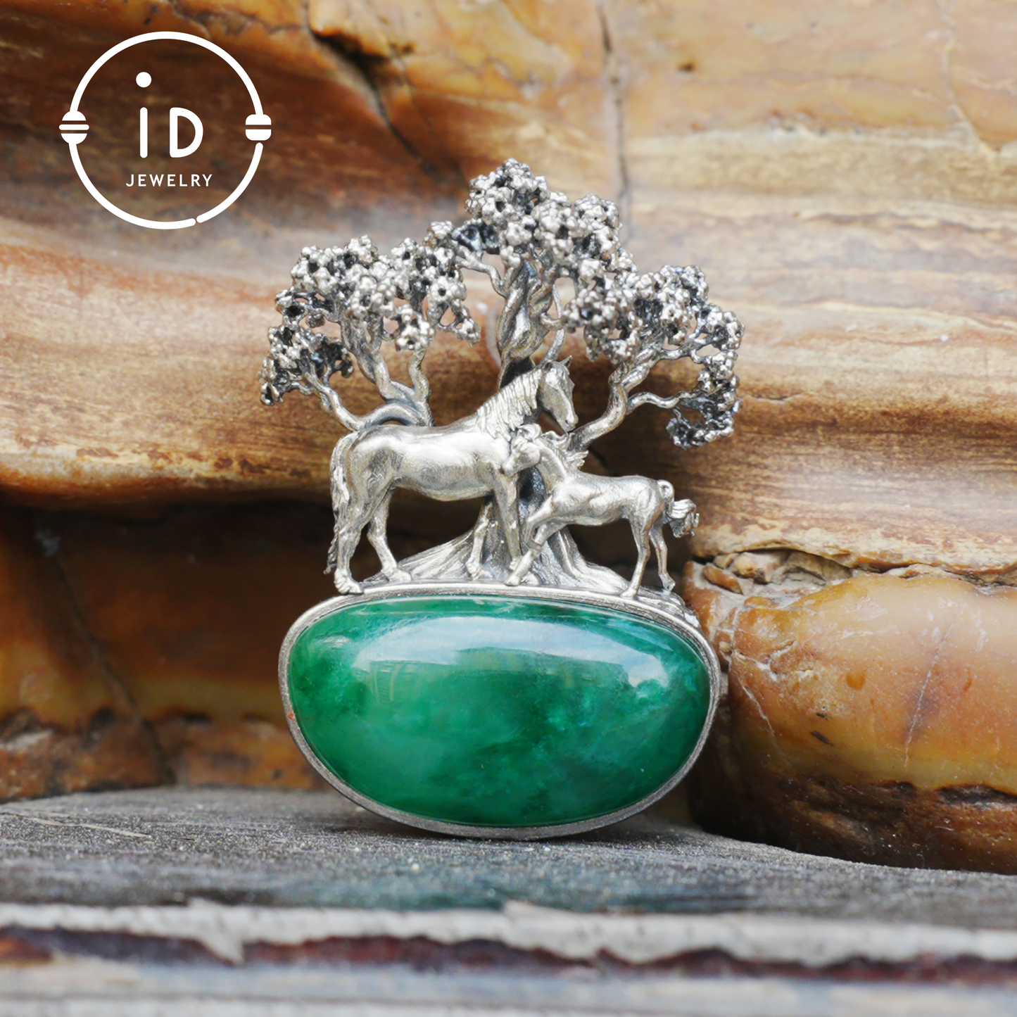 S925 Sterling Silver Pendant with Mare and Foal on African Green Stone, Fairy Talisman Necklace Vintage Gift for Her Birthday