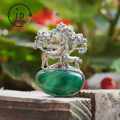 S925 Sterling Silver Pendant with Mare and Foal on African Green Stone, Fairy Talisman Necklace Vintage Gift for Her Birthday