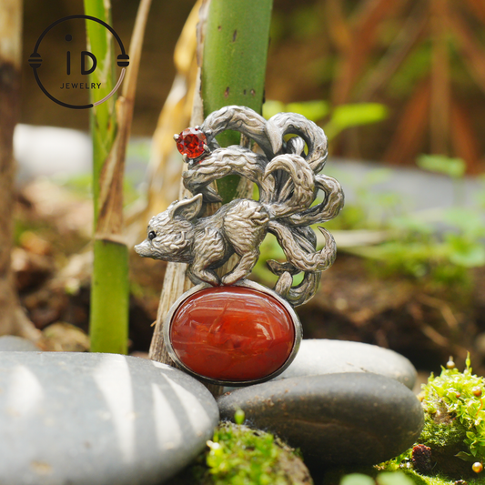 Red Agate Garnet Fox Pendant in Oxidized 925 Silver Necklace Gothic Totem Jewelry Mystic Animal Talisman Gift for Her Birthday or Christmas