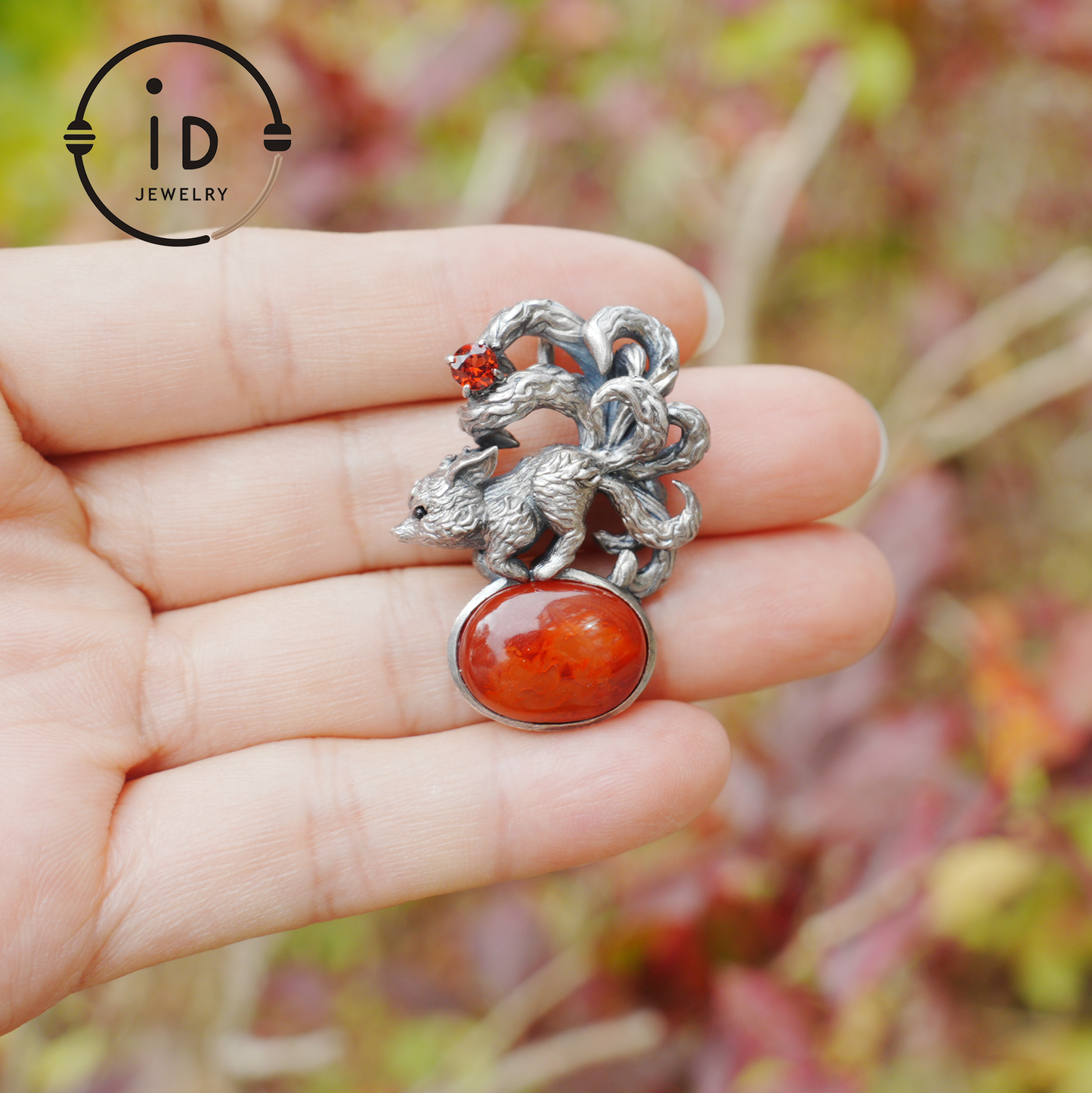 Red Agate Garnet Fox Pendant in Oxidized 925 Silver Necklace Gothic Totem Jewelry Mystic Animal Talisman Gift for Her Birthday or Christmas