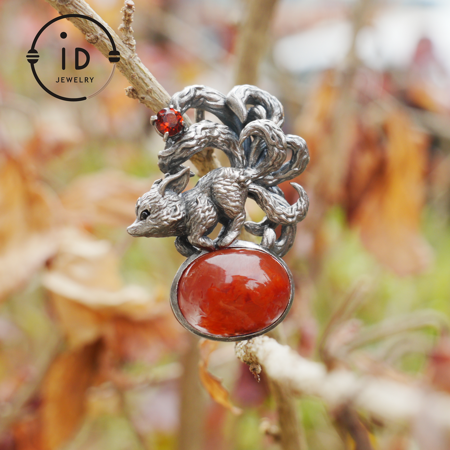 Red Agate Garnet Fox Pendant in Oxidized 925 Silver Necklace Gothic Totem Jewelry Mystic Animal Talisman Gift for Her Birthday or Christmas