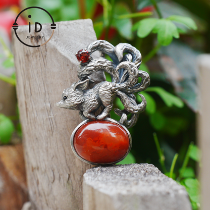 Red Agate Garnet Fox Pendant in Oxidized 925 Silver Necklace Gothic Totem Jewelry Mystic Animal Talisman Gift for Her Birthday or Christmas
