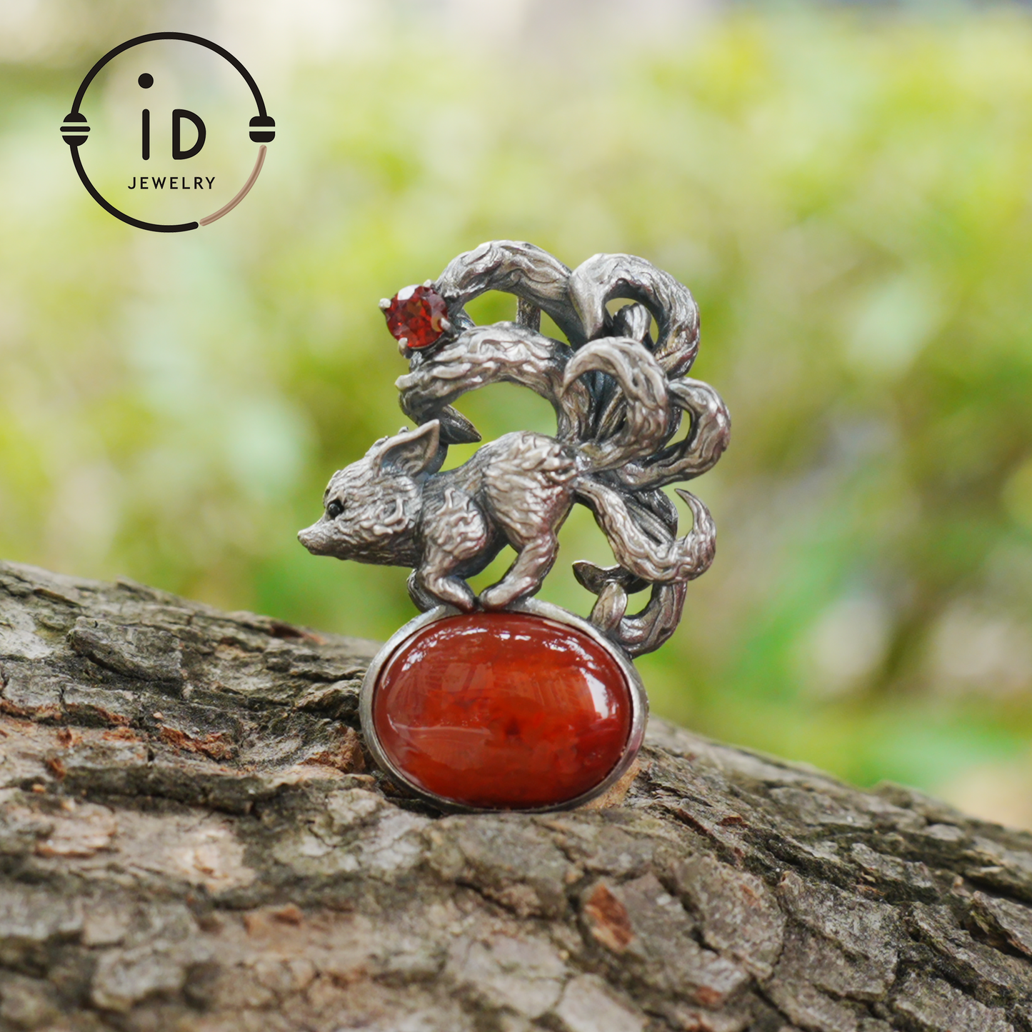 Red Agate Garnet Fox Pendant in Oxidized 925 Silver Necklace Gothic Totem Jewelry Mystic Animal Talisman Gift for Her Birthday or Christmas