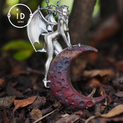 Hand-Carved 925 Silver Succubus Pendant | Blood Moon & Bloodstone Crescent | Winged Demon Gothic Protection Talisman | Perfect Gothic Gift