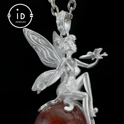 Fairy Pendant Necklace in 925 Sterling Silver with Moss Quartz | Handmade Fantasy Jewelry with Nature Spirit Elf Design | Mystical Keepsake Gift for Adults