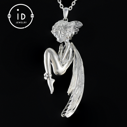 S925 Silver Elf Pendant Necklace with White Crystal, Gothic Vintage Fairy Tale Jewelry Fantasy Talisman Amulet Gift for Her Birthday or Yule