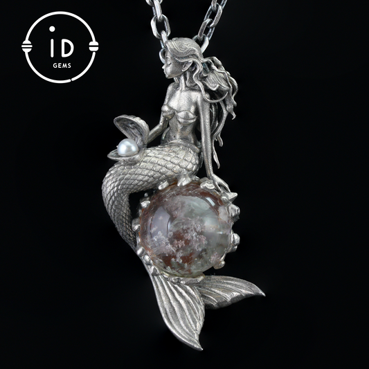 Mermaid Wish Talisman Pendant with Ghost Stone and Pearl, Fantasy Ocean Jewelry, Handcrafted Mythical Sea Spirit Amulet Necklace