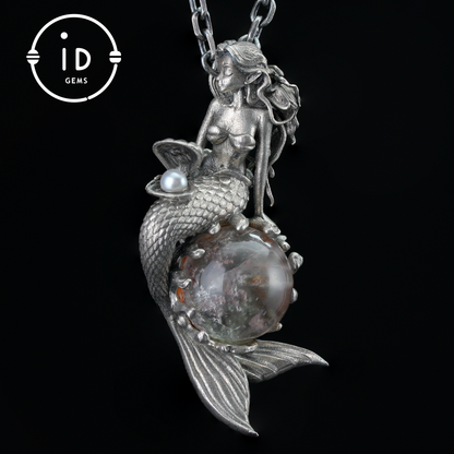 Mermaid Wish Talisman Pendant with Ghost Stone and Pearl, Fantasy Ocean Jewelry, Handcrafted Mythical Sea Spirit Amulet Necklace