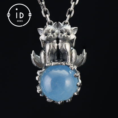 Fox Totem Pendant with Aquamarine – Fantasy Animal Amulet Necklace, Handcrafted Spirit Jewelry, Twin Guardian Design