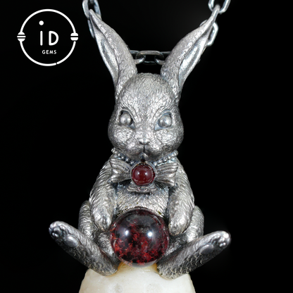 Moon Rabbit Pendant with Red Agate & Ghost Stone | Spring Totem Talisman Jewelry | Fantasy Handmade Forest Bunny Necklace