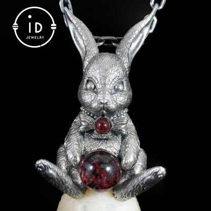 Moon Rabbit Pendant with Red Agate & Ghost Stone | Spring Totem Talisman Jewelry | Fantasy Handmade Forest Bunny Necklace