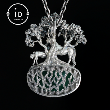 S925 Sterling Silver Pendant with Mare and Foal on African Green Stone, Fairy Talisman Necklace Vintage Gift for Her Birthday