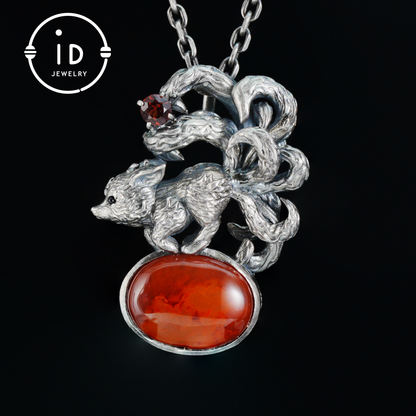 Red Agate Garnet Fox Pendant in Oxidized 925 Silver Necklace Gothic Totem Jewelry Mystic Animal Talisman Gift for Her Birthday or Christmas