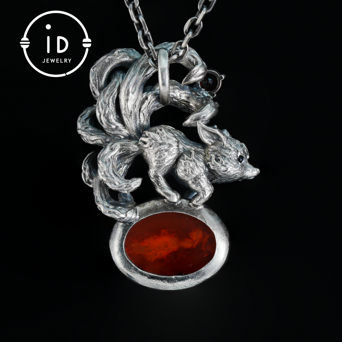 Red Agate Garnet Fox Pendant in Oxidized 925 Silver Necklace Gothic Totem Jewelry Mystic Animal Talisman Gift for Her Birthday or Christmas
