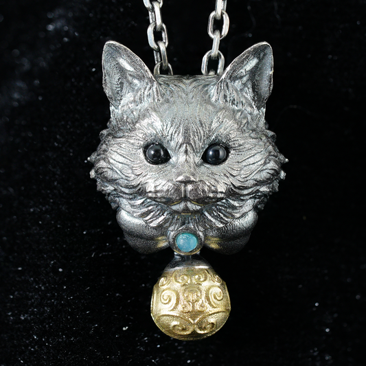 Mystic Cat Pendant with Bell, Emotional Protection Talisman, Handcrafted Animal Jewelry, Fantasy Totem Gift for Empaths and Dreamers