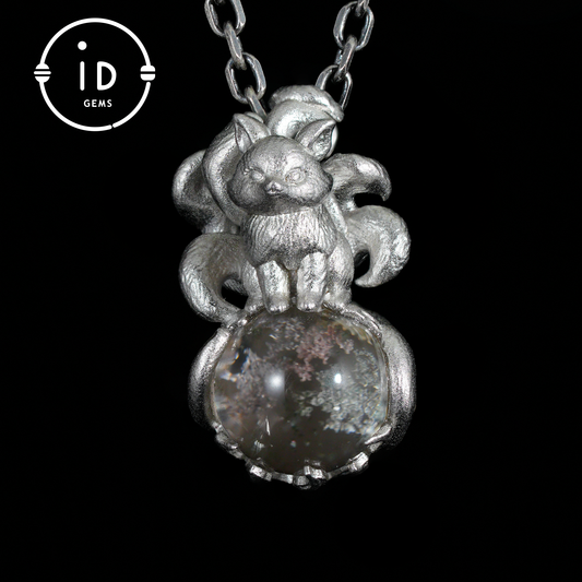 Fox Pendant with Ghost Quartz, Nine-Tailed Spirit Amulet, Handcrafted Fantasy Jewelry, Dreamy Forest Totem Necklace, Mythical Design