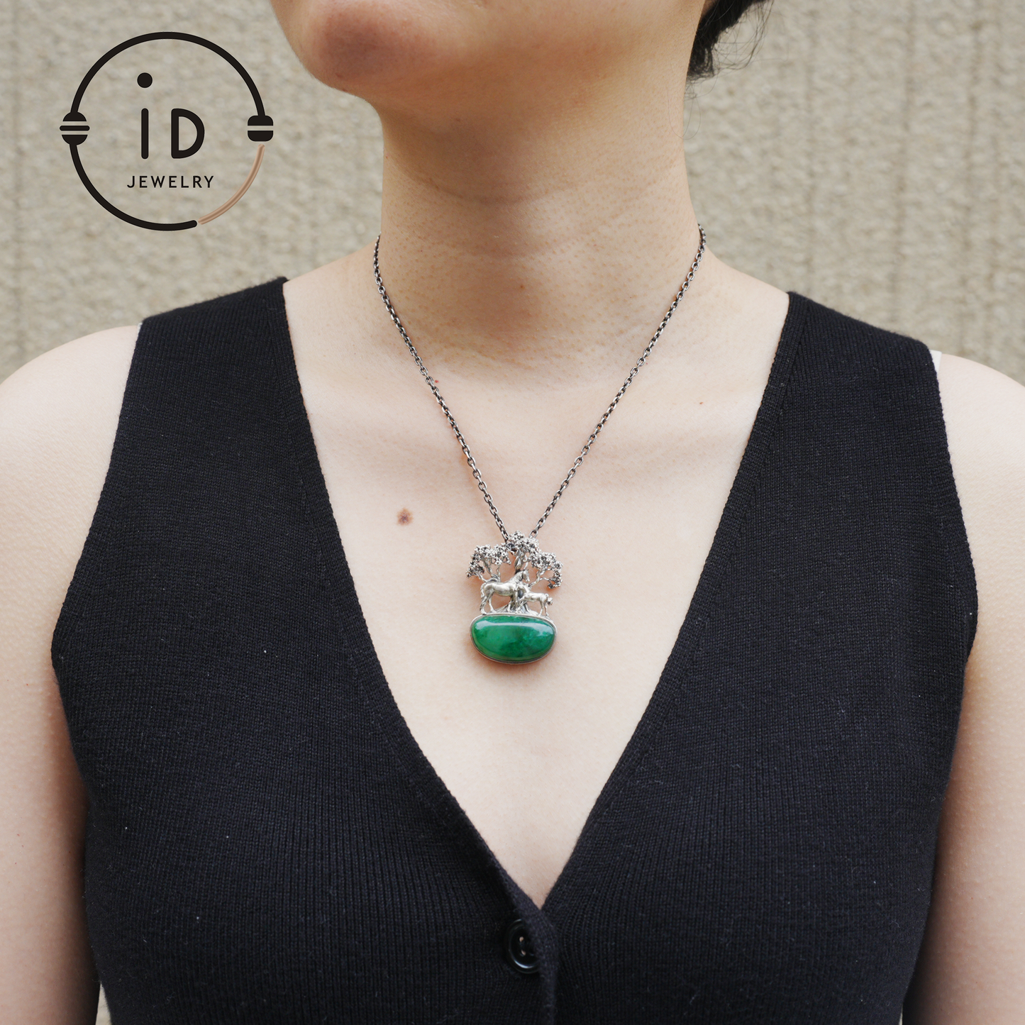S925 Sterling Silver Pendant with Mare and Foal on African Green Stone, Fairy Talisman Necklace Vintage Gift for Her Birthday