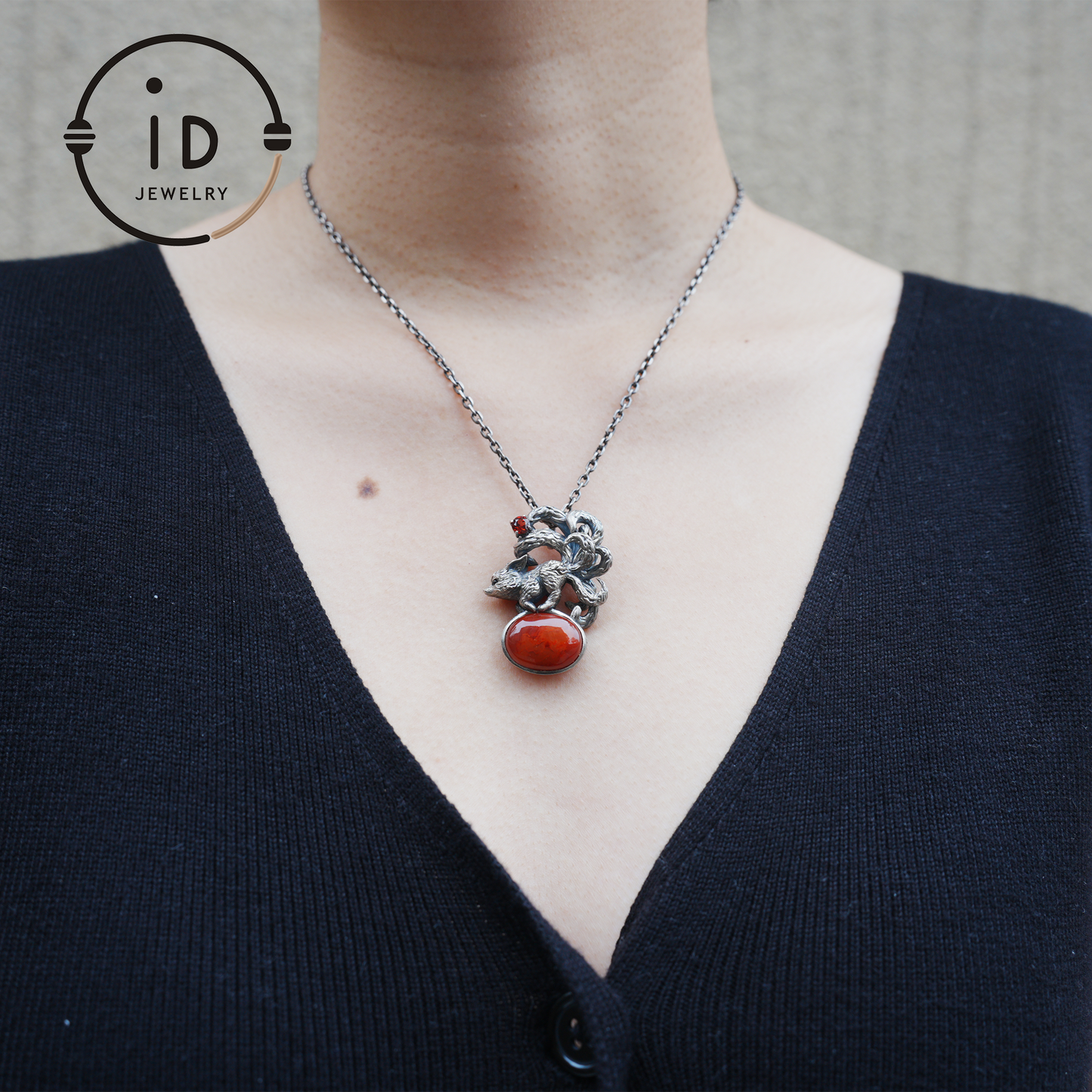 Red Agate Garnet Fox Pendant in Oxidized 925 Silver Necklace Gothic Totem Jewelry Mystic Animal Talisman Gift for Her Birthday or Christmas