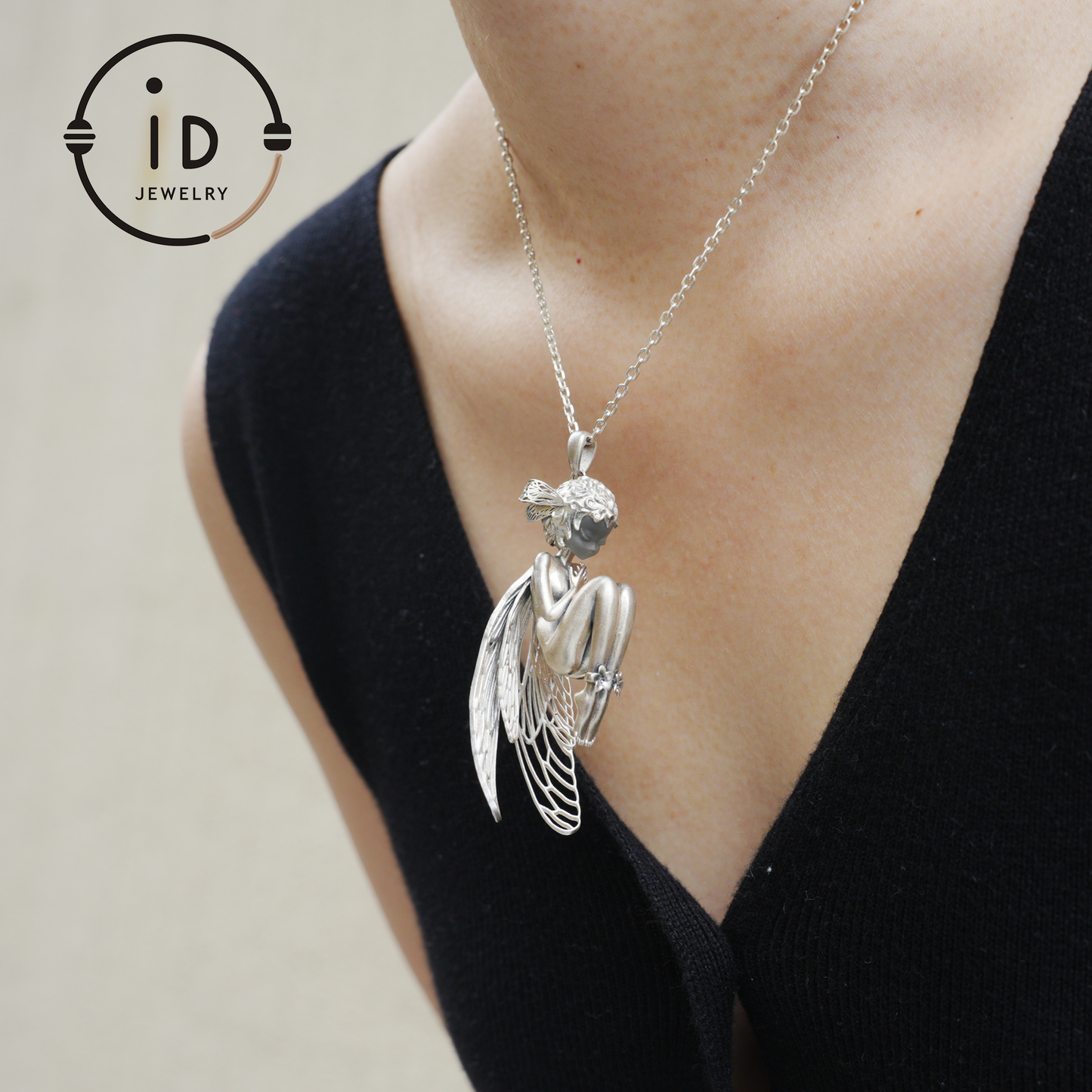 S925 Silver Elf Pendant Necklace with White Crystal, Gothic Vintage Fairy Tale Jewelry Fantasy Talisman Amulet Gift for Her Birthday or Yule