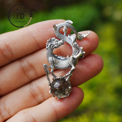 Ghost Quartz Dragon Pendant in 925 Silver · Gothic Fantasy Necklace for Women · Talisman Jewelry · Gift Idea Birthday Christmas