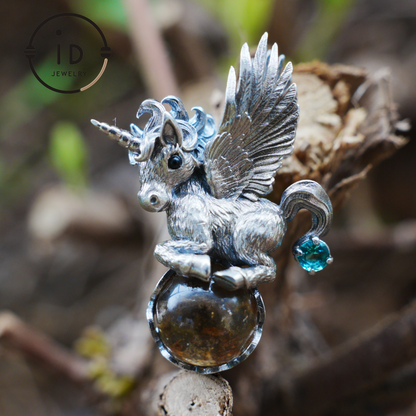 Flying Unicorn Pendant with Amber and Green Crystal in 925 Silver · Fairy Tale Jewelry · Gift for Women Birthday Christmas