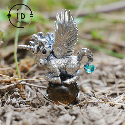 Flying Unicorn Pendant with Amber and Green Crystal in 925 Silver · Fairy Tale Jewelry · Gift for Women Birthday Christmas
