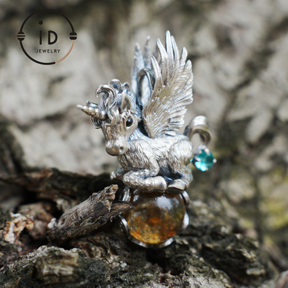 Flying Unicorn Pendant with Amber and Green Crystal in 925 Silver · Fairy Tale Jewelry · Gift for Women Birthday Christmas