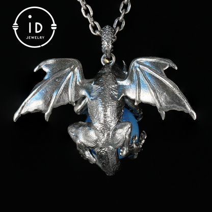 Handcrafted Dragon Pendant with Aquamarine in 925 Silver, Gothic Fantasy Style, Talisman Gift for Men & Women