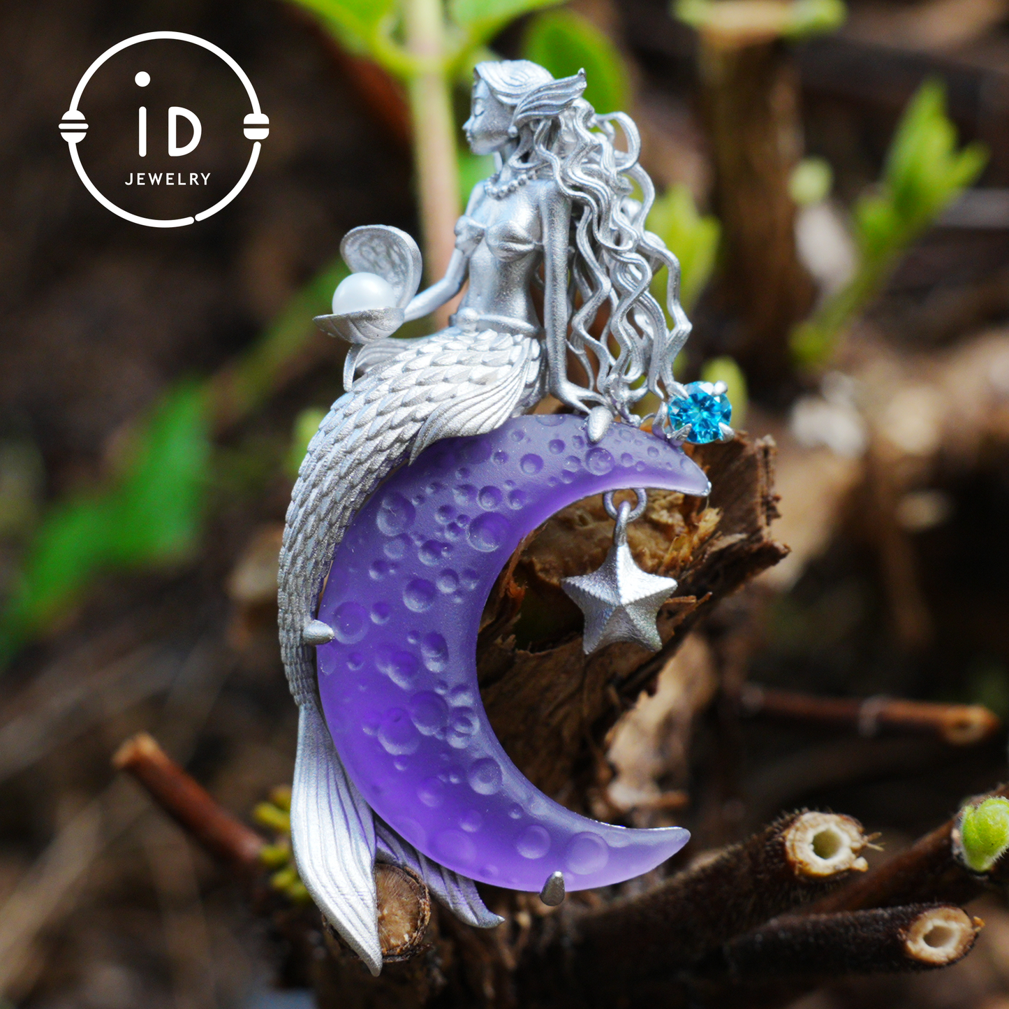 Amethyst Moon Pendant with Mermaid in 925 Sterling Silver · Fantasy Talisman Necklace for Women · Gift Idea Birthday Christmas Fairy Jewelry
