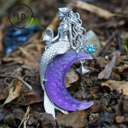 Amethyst Moon Pendant with Mermaid in 925 Sterling Silver · Fantasy Talisman Necklace for Women · Gift Idea Birthday Christmas Fairy Jewelry