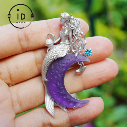 Amethyst Moon Pendant with Mermaid in 925 Sterling Silver · Fantasy Talisman Necklace for Women · Gift Idea Birthday Christmas Fairy Jewelry