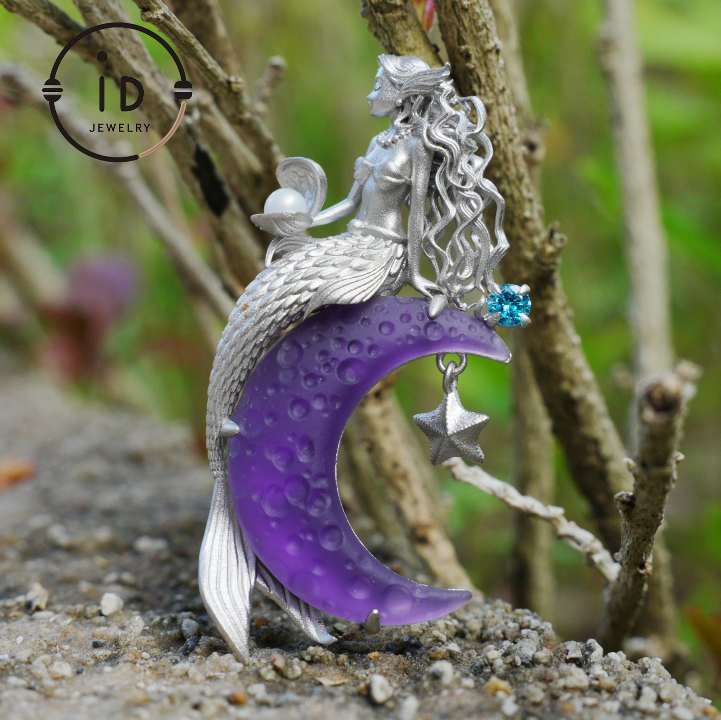 Amethyst Moon Pendant with Mermaid in 925 Sterling Silver · Fantasy Talisman Necklace for Women · Gift Idea Birthday Christmas Fairy Jewelry