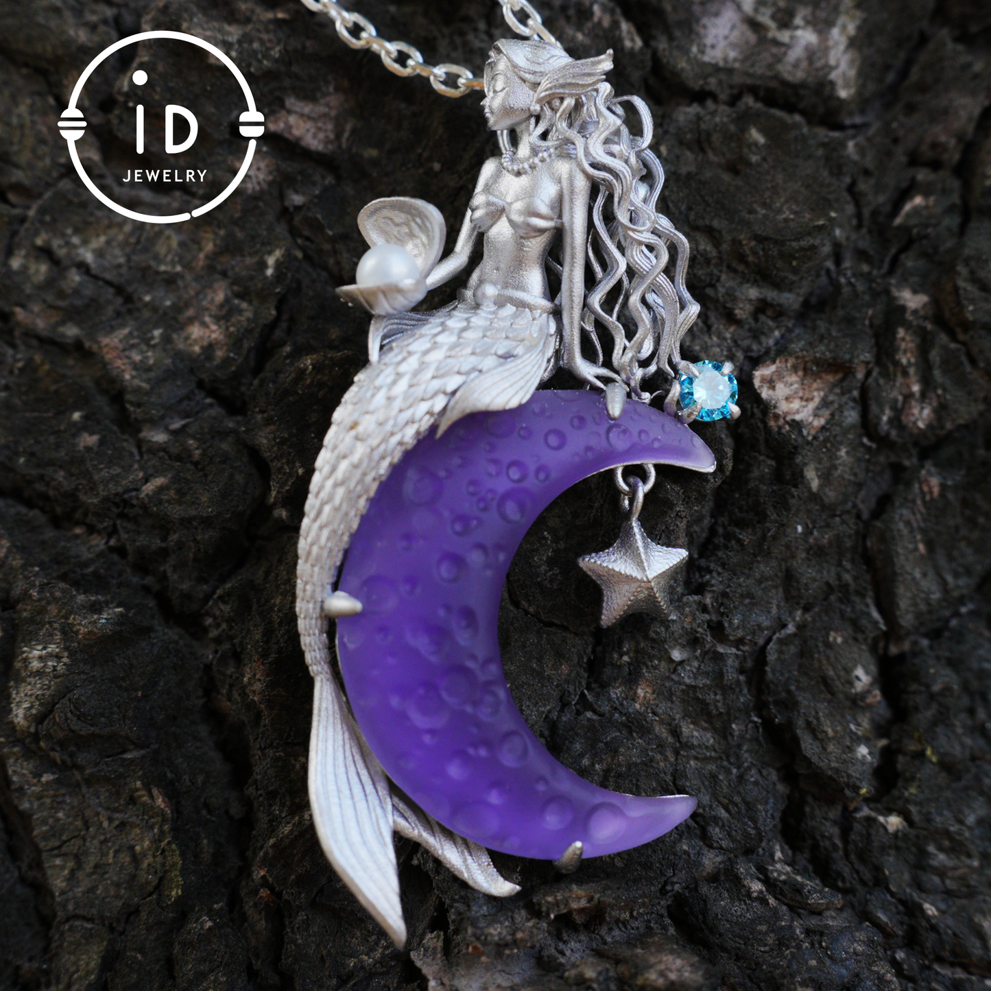 Amethyst Moon Pendant with Mermaid in 925 Sterling Silver · Fantasy Talisman Necklace for Women · Gift Idea Birthday Christmas Fairy Jewelry