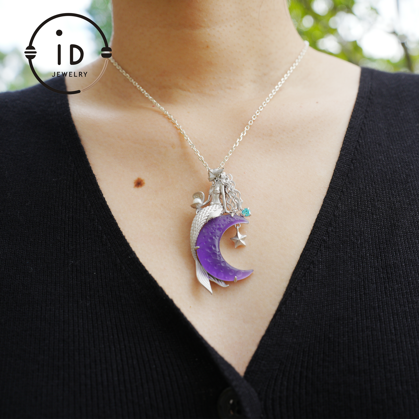 Amethyst Moon Pendant with Mermaid in 925 Sterling Silver · Fantasy Talisman Necklace for Women · Gift Idea Birthday Christmas Fairy Jewelry