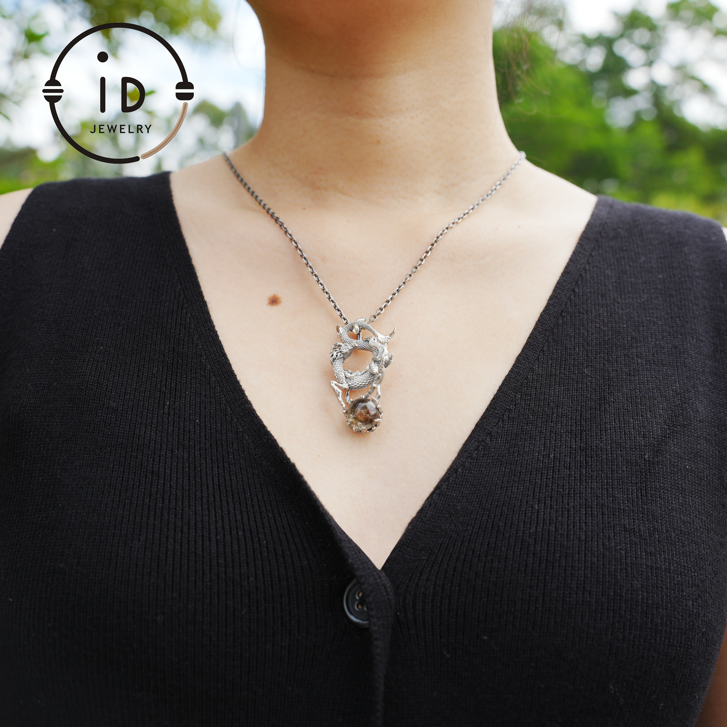 Ghost Quartz Dragon Pendant in 925 Silver · Gothic Fantasy Necklace for Women · Talisman Jewelry · Gift Idea Birthday Christmas