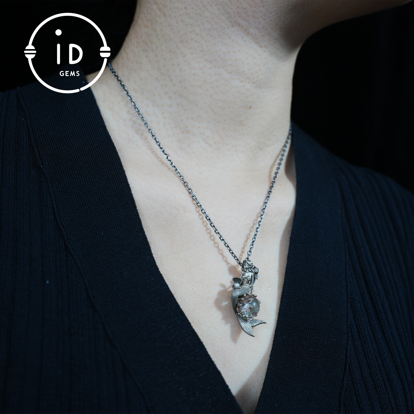 Mermaid Wish Talisman Pendant with Ghost Stone and Pearl, Fantasy Ocean Jewelry, Handcrafted Mythical Sea Spirit Amulet Necklace
