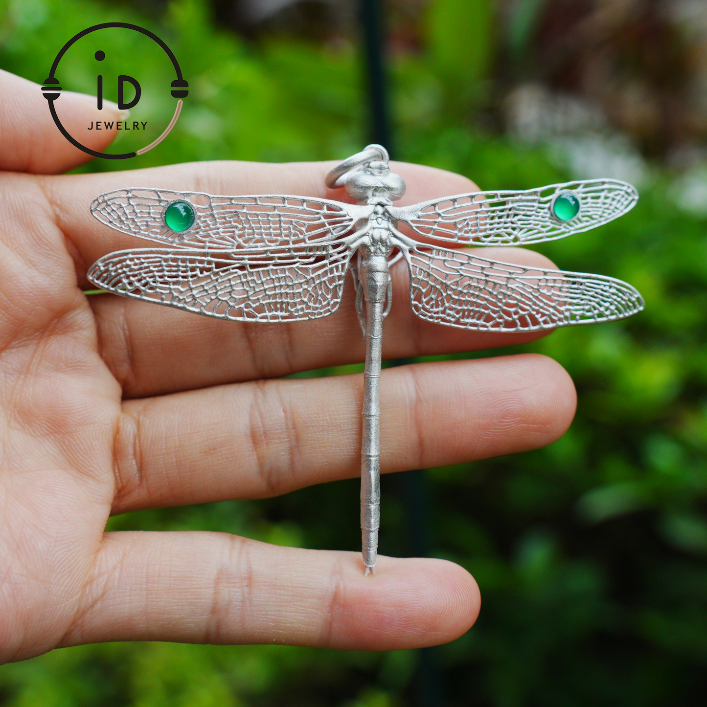 Green Onyx Dragonfly Pendant in 925 Sterling Silver, Fairytale Style Handmade Nature Talisman Necklace, Gift for Nature Lovers
