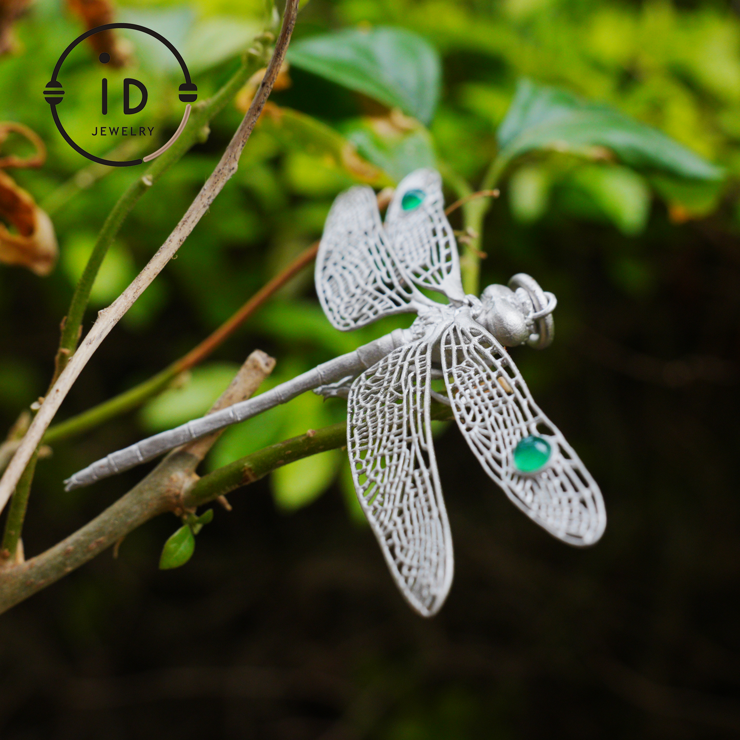 Green Onyx Dragonfly Pendant in 925 Sterling Silver, Fairytale Style Handmade Nature Talisman Necklace, Gift for Nature Lovers