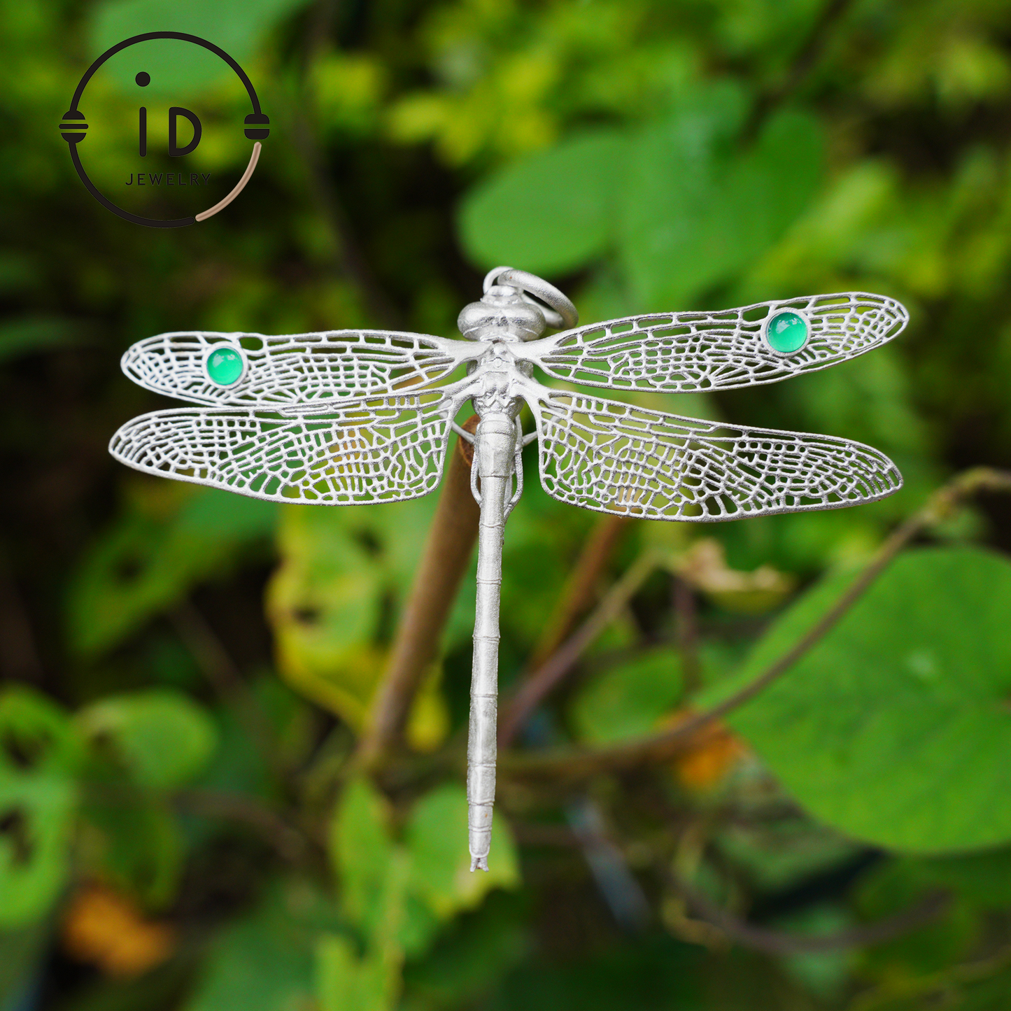 Green Onyx Dragonfly Pendant in 925 Sterling Silver, Fairytale Style Handmade Nature Talisman Necklace, Gift for Nature Lovers