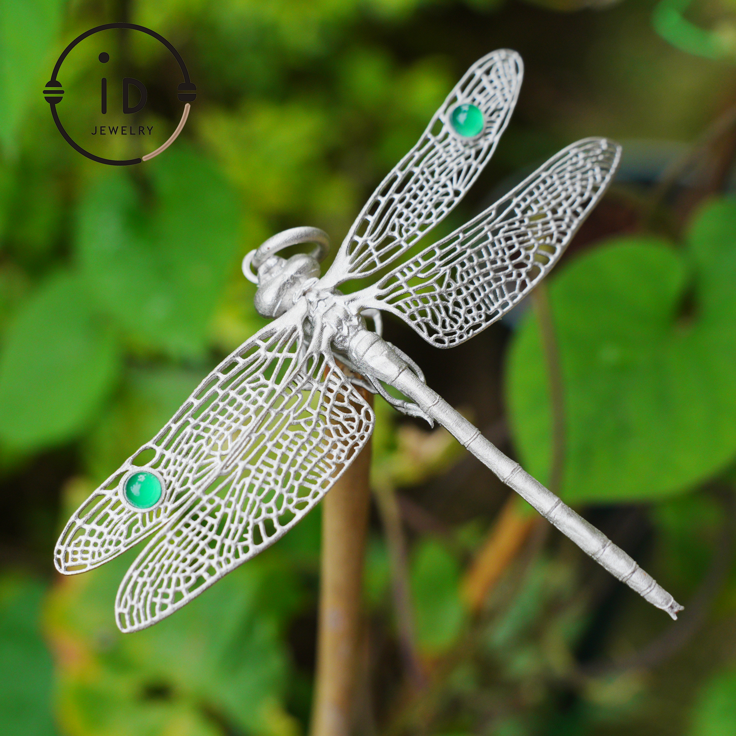Green Onyx Dragonfly Pendant in 925 Sterling Silver, Fairytale Style Handmade Nature Talisman Necklace, Gift for Nature Lovers