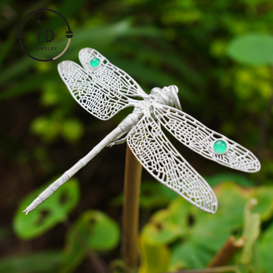 Green Onyx Dragonfly Pendant in 925 Sterling Silver, Fairytale Style Handmade Nature Talisman Necklace, Gift for Nature Lovers