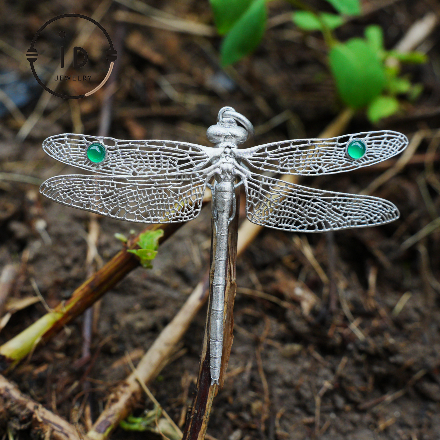 Green Onyx Dragonfly Pendant in 925 Sterling Silver, Fairytale Style Handmade Nature Talisman Necklace, Gift for Nature Lovers