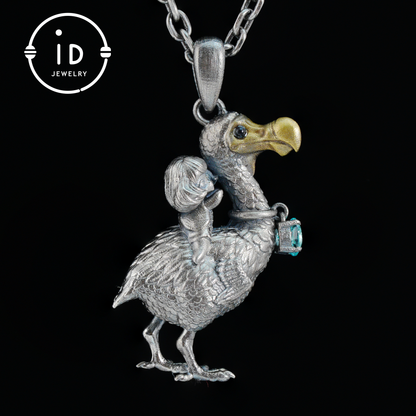 Dodo Bird Pendant in 925 Oxidized Silver with Girl Figure and Blue Zircon, Vintage Fairytale Jewelry, Gift Idea for Her