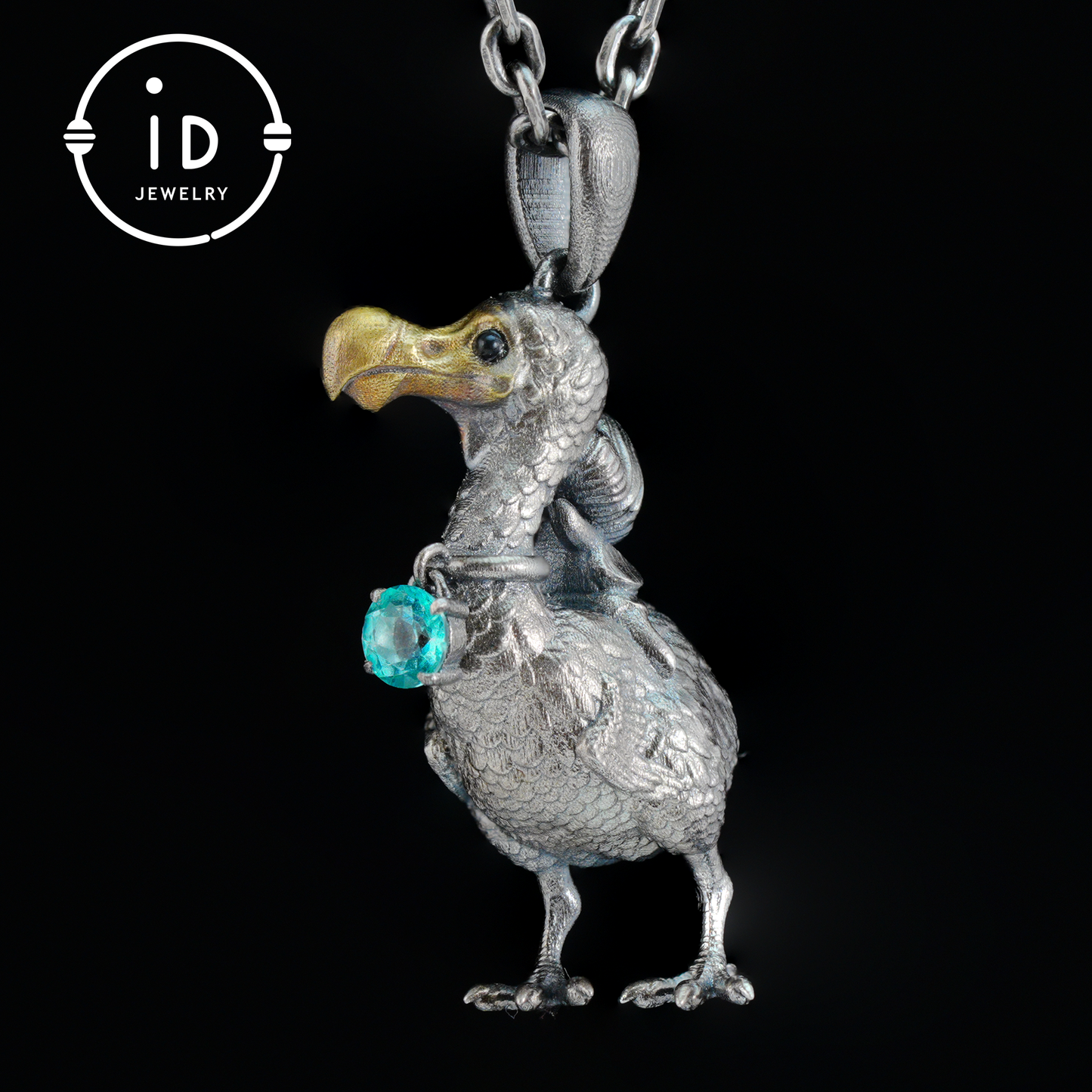 Dodo Bird Pendant in 925 Oxidized Silver with Girl Figure and Blue Zircon, Vintage Fairytale Jewelry, Gift Idea for Her