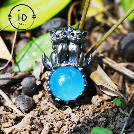 Fox Totem Pendant with Aquamarine – Fantasy Animal Amulet Necklace, Handcrafted Spirit Jewelry, Twin Guardian Design