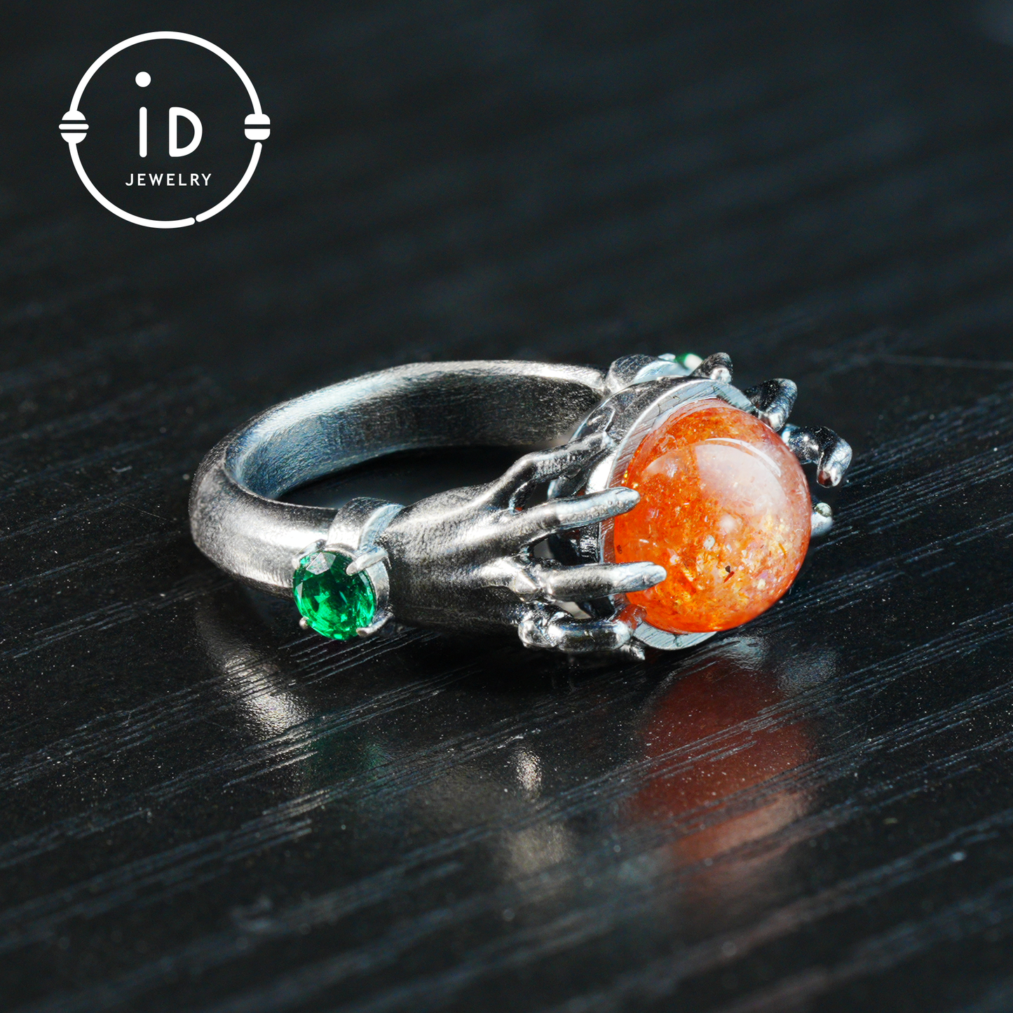 Gothic Style Sunstone Ring in 925 Sterling Silver with Green Zircon Stone Gift for Her Halloween Fantasy Statement Jewelry